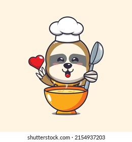 cute sloth chef mascot cartoon character with soup