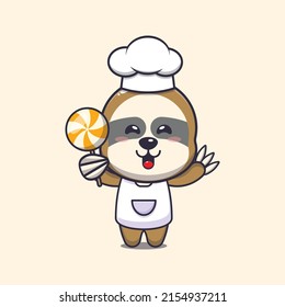 cute sloth chef mascot cartoon character holding candy