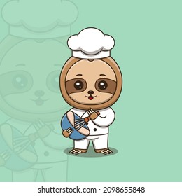 Cute sloth chef with whisk and mixing bowl