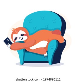 Cute sloth chilling on the armchair holding the phone. Vector eps character illustration.