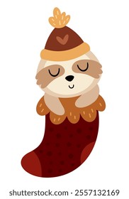 Cute sloth in Christmas sock. Christmas sloth bear clipart. Cute festive character. Hand draw vector illustration in flat style