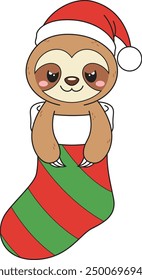 Cute sloth in christmas stocking vector illustration