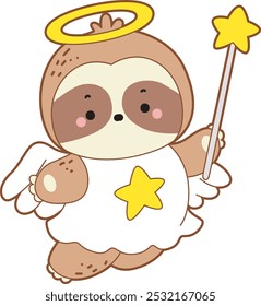 Cute sloth christmas version. Funny baby sloth animal series christmas illustration.
A sloth bring a star stick and wearing fairy costume