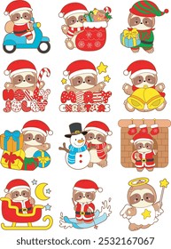 Cute sloth christmas version. Funny baby sloth animal series christmas illustration.
Variation christmas eve of baby sloth