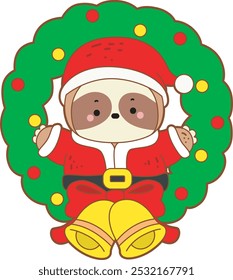 Cute sloth christmas version. Funny baby sloth animal series christmas illustration.
A sloth wearing santa claus costume in front of decoration