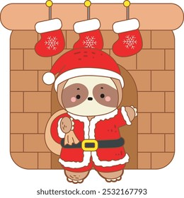 Cute sloth christmas version. Funny baby sloth animal series christmas illustration.
A santa sloth down to the fireplace