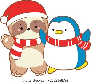 Versão de Natal de preguiça bonita. Engraçado bebê preguiça animal série ilustração de Natal.
Uma foto de preguiça santa com pinguim