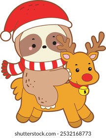 Cute sloth christmas version. Funny baby sloth animal series christmas illustration.
A santa sloth riding a reindeer