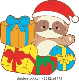 Versão de Natal de preguiça bonita. Engraçado bebê preguiça animal série ilustração de Natal.
Uma preguiça santa traz um monte de presente