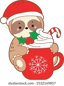 Cute sloth christmas version. Funny baby sloth animal series christmas illustration.
A baby santa sloth hugging a cup of hot chocolate