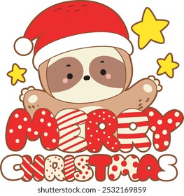 Cute sloth christmas version. Funny baby sloth animal series christmas illustration.
A santa sloth behind the 'Merry Christmas' text