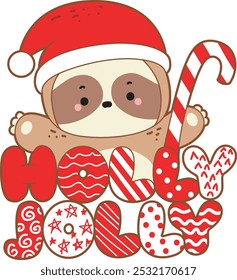 Cute sloth christmas version. Funny baby sloth animal series christmas illustration.
A sloth with santa hat behind the 'holly jolly' text