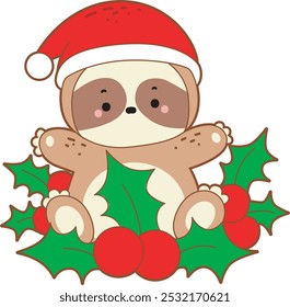 Cute sloth christmas version. Funny baby sloth animal series christmas illustration.
A baby santa sloth in the middle of plants