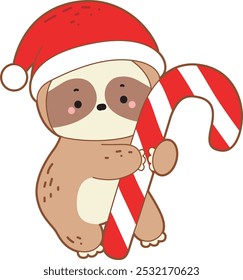 Cute sloth christmas version. Funny baby sloth animal series christmas illustration.
A baby santa sloth hugging the stick