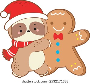 Cute sloth christmas version. Funny baby sloth animal series christmas illustration.
A baby sloth hugging a big ginger bread