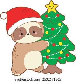 Cute sloth christmas version. Funny baby sloth animal series christmas illustration.
A baby sloth wearing a santa hat and hugging the christmas tree
