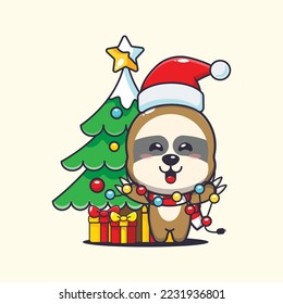 Cute sloth with christmast lamp. Cute christmas cartoon illustration. 