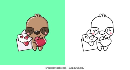 Cute Sloth Clipart for Coloring Page and Illustration. Happy Mammal Illustration. Vector Illustration of a Kawaii Animal for Stickers, Prints for Clothes, Baby Shower, Coloring Pages.
