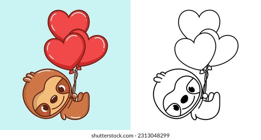 Cute Sloth Clipart Illustration and Black and White. Funny Mammal Art. Vector Illustration of a Kawaii Animal for Coloring Pages, Stickers, Baby Shower, Prints for Clothes.
