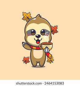 Cute sloth with coffee in autumn season. Mascot cartoon vector illustration suitable for poster, brochure, web, mascot, sticker, logo and icon.