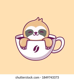 Cute Sloth In The Coffee Cup Cartoon Vector Icon Illustration. Animal Drink Icon Concept Isolated Premium Vector. Flat Cartoon Style