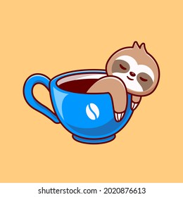 Cute Sloth With Coffee Cup Cartoon Vector Icon Illustration. Animal Drink Icon Concept Isolated Premium Vector. Flat Cartoon Style