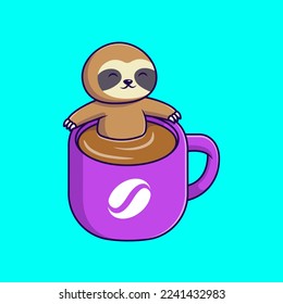 Cute Sloth In Coffee Cup Cartoon Vector Icons Illustration. Flat Cartoon Concept. Suitable for any creative project.