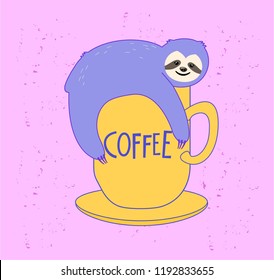 Cute sloth with coffee cup. Vector illustration in cartoon style