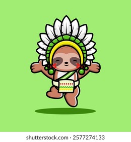 A cute sloth in a colorful headdress and sash, jumping joyfully on a green background.