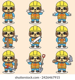 Cute Sloth Construction Contractor Illustration. Vector illustration of a cute building foreman Sloth . Cute Sloth construction worker cartoon. Flat Cartoon Style.