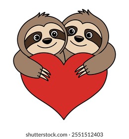 Cute Sloth Couple Hugging Heart Illustration	