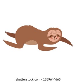 Cute sloth crawling. Flat hand drawn illustration. Cartoon animal character. Wild american rainforest, jungle animal vector. Creative childish t shirt print design.