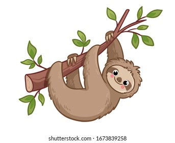 Cute sloth creeps on a tree. Vector illustration with animal in cartoon style.