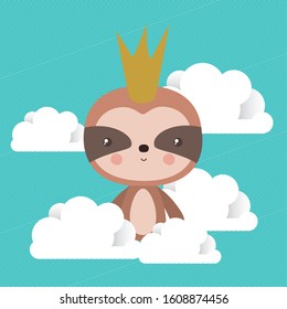 Cute sloth with crown and clouds design, Animal zoo life nature character childhood and adorable theme Vector illustration