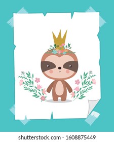 Cute sloth with crown design, Animal zoo life nature character childhood and adorable theme Vector illustration
