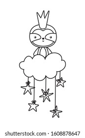 Cute sloth with crown over cloud design, Animal zoo life nature character childhood and adorable theme Vector illustration