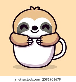 cute sloth in a cup cartoon character flat color vector illustration template design