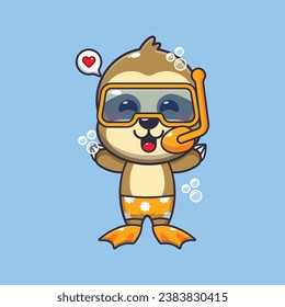 Cute sloth diving cartoon mascot character illustration. Cute summer cartoon illustration. 