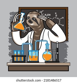 cute sloth doing chemical experiment in the lab, vector illustration parody design