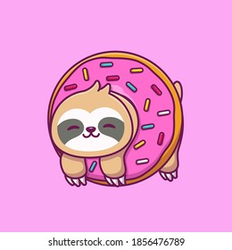 Cute Sloth With Doughnut Cartoon Vector Icon Illustration. Animal Food And Drink Icon Concept Isolated Premium Vector. Flat Cartoon Style