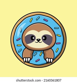 Cute Sloth In Doughnut Cartoon Vector Icon Illustration. Animal Food Icon Concept Isolated Premium Vector.