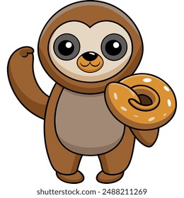 Cute Sloth With Doughnut Cartoon Vector Kawaii Icon. Animal Food And Drink Illustration