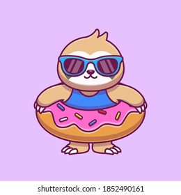 Cute Sloth With Doughnut Swimming Tires Cartoon Vector Icon Illustration. Animal Summer Icon Concept Isolated Premium Vector. Flat Cartoon Style