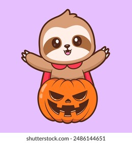 Cute Sloth Dracula With Pumpkin Halloween Cartoon Vector Icon Illustration. Animal Holiday Icon Concept Isolated Premium Vector. Flat Cartoon Style