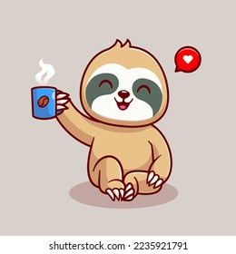 Cute Sloth Drink Coffee Cartoon Vector Icon Illustration. Animal Drink Icon Concept Isolated Premium Vector. Flat Cartoon Style