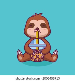 Cute sloth drinking boba milk tea cartoon illustration The Concept of Isolated Technology. Flat Cartoon Style Suitable for Landing Web Pages, Banners, Flyers, Stickers, Cards