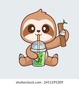 Cute Sloth Drinking Boba Milk Tea With Wood Branch Tree 
Cartoon Vector Icon Illustration. Animal Drink Icon Concept 
Isolated PremiumVector. Flat Cartoon Style