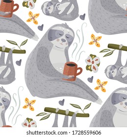 Cute sloth drinking tea or coffee. Cartoon vector seamless pattern in a flat style. Slow lazy animal nature kid print on a white background.