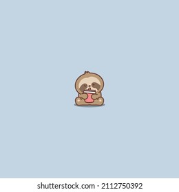 Cute sloth drinking water cartoon, vector illustration