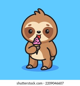 Cute Sloth Eating Ice Cream Mascot Vector Illustration